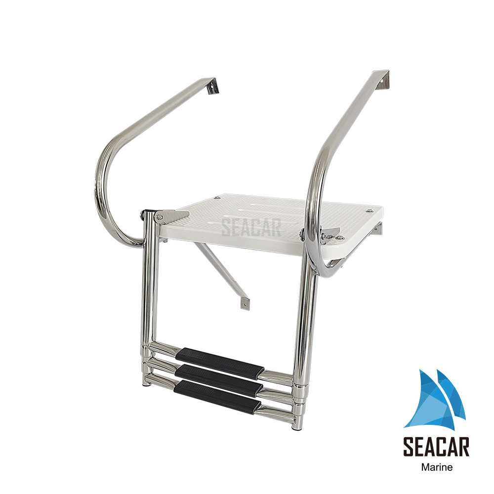 厂家供应不锈钢304白色平台弯管扶手三节下水伸缩梯游艇船用五金
