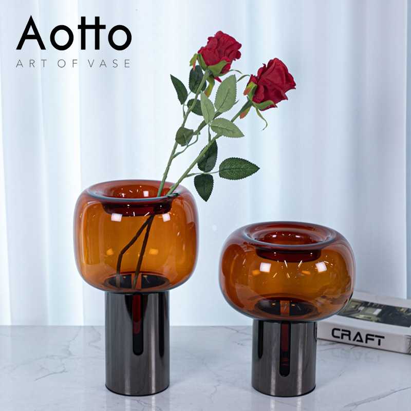 轻奢艺术创意玻璃花瓶铁框圆筒底座插花瓶餐桌软装饰品摆件花器