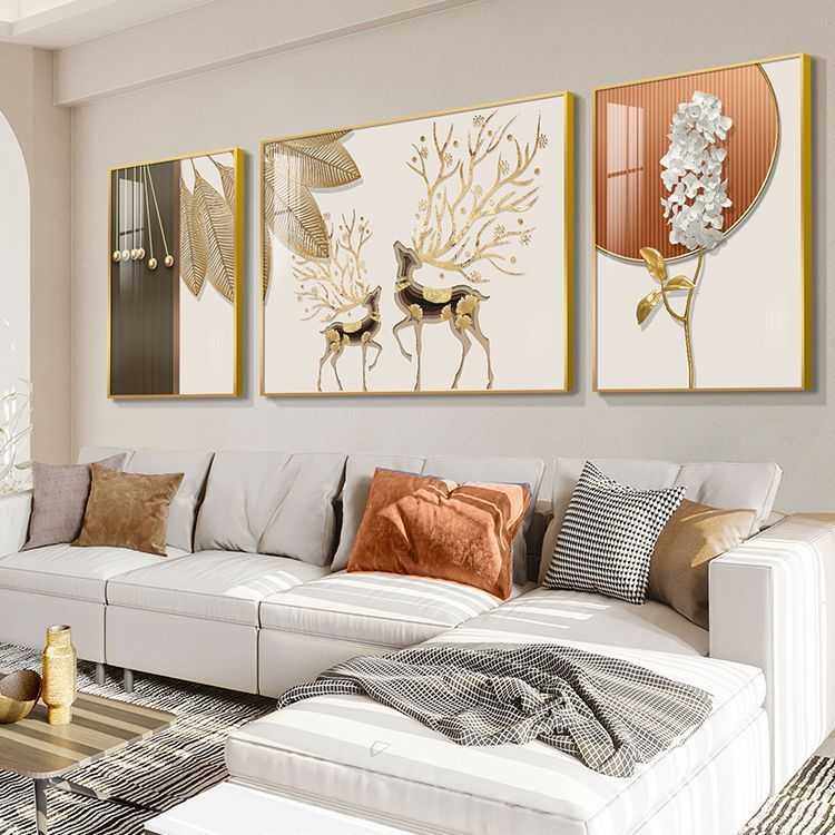 轻奢客厅装饰画现代简约沙发背景墙挂画抽象大气麋鹿墙面壁三联画
