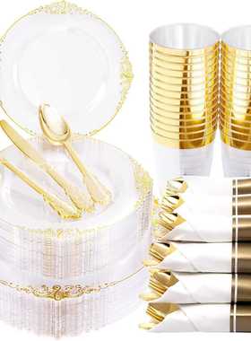 175个套装透明金边浮雕盘一次性餐盘透明盘酒杯刀叉勺PS黑色硬塑