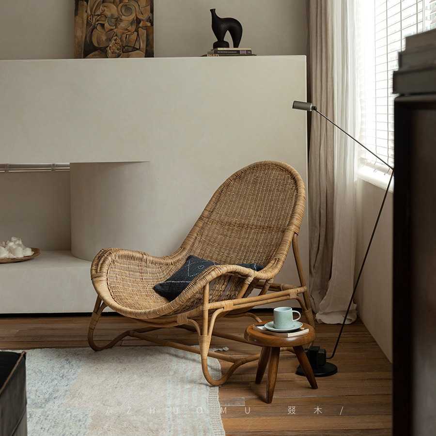 精藤居东南亚藤艺\天然藤编复古侘寂风设计师阳台休闲椅沙发躺椅