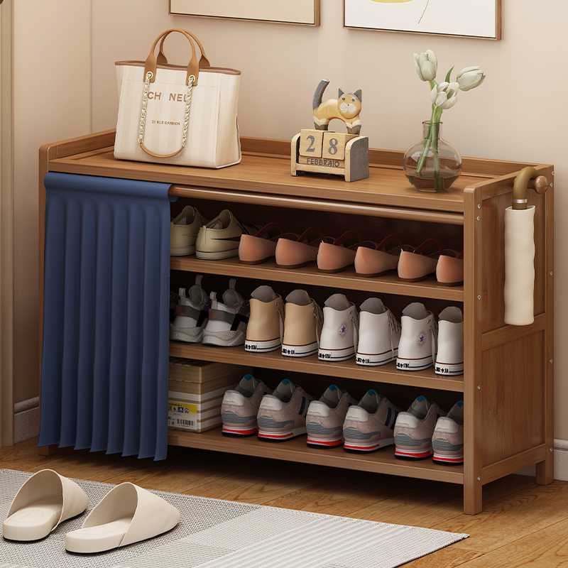鞋架子家用简易门口收纳现代简约收纳柜实木多层带帘防尘鞋柜