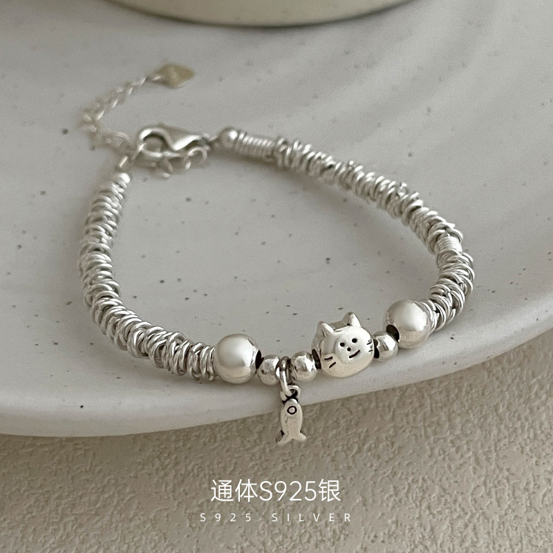 透莎泰银猫咪小鱼925纯银手链女