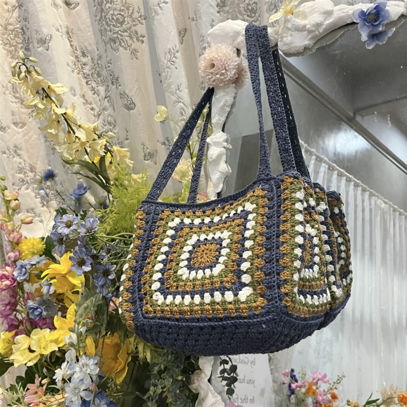织趣|手工编织毛线钩o织女包森系田园风旅游度假祖母格草编单肩包