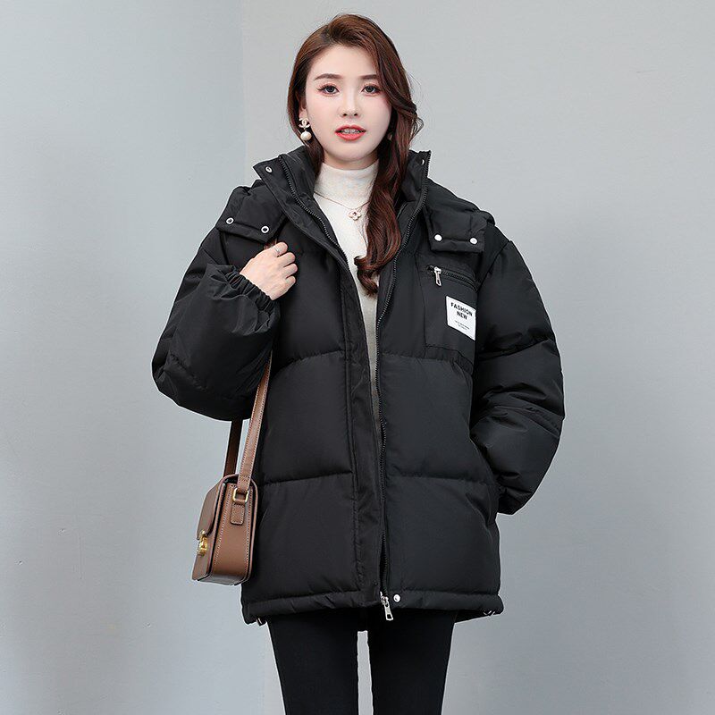 反季新款时尚百搭连帽黑色中长棉服女冬季L加厚宽松学生面包服棉