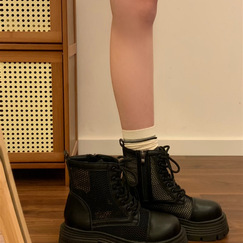 春季薄款马丁靴女2025新款靴子粗跟厚底增高黑色网纱镂Z空短靴爆