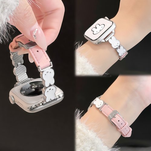 适用苹果手表可爱米菲兔皮质表带