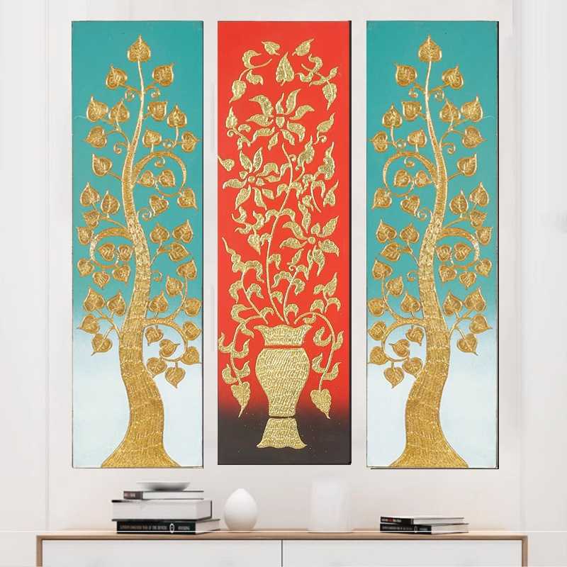 泰国金箔画 东南亚风格菩提树玄关禅意壁画电表箱遮盖装饰墙画