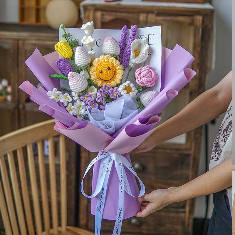 母亲节手工编织混搭花束钩织手织向日葵毛线仿真花送妈妈生日礼物