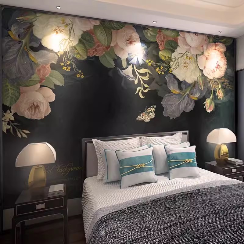 北欧复古欧式油画玫瑰花朵t沙发无缝电视背景墙壁纸防水可擦洗壁