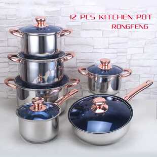 出口12件套锅蓝盖镀金双耳汤锅Stainless steel 12 piece pan set