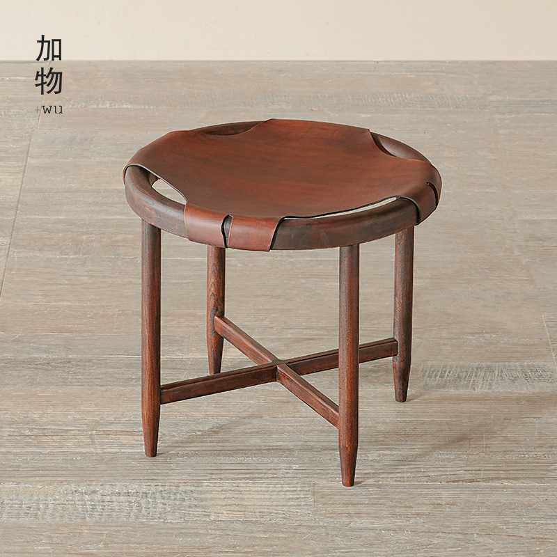 日式古董复刻手工马鞍皮座面圆凳子侘寂风鞣制实木小圆凳小桌