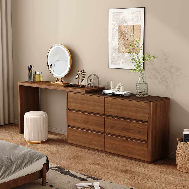 新中式实木梳妆台斗柜一体小户型卧室床尾收纳柜可伸缩化妆桌书桌