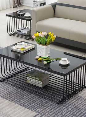 简约办公茶几防爆钢化玻璃茶几 现代钢架脚长几轻奢茶台黑色A08