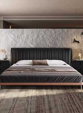 真皮贝壳古风极简主卧双人床简约白蜡木齐边双人床黑色轻奢婚床