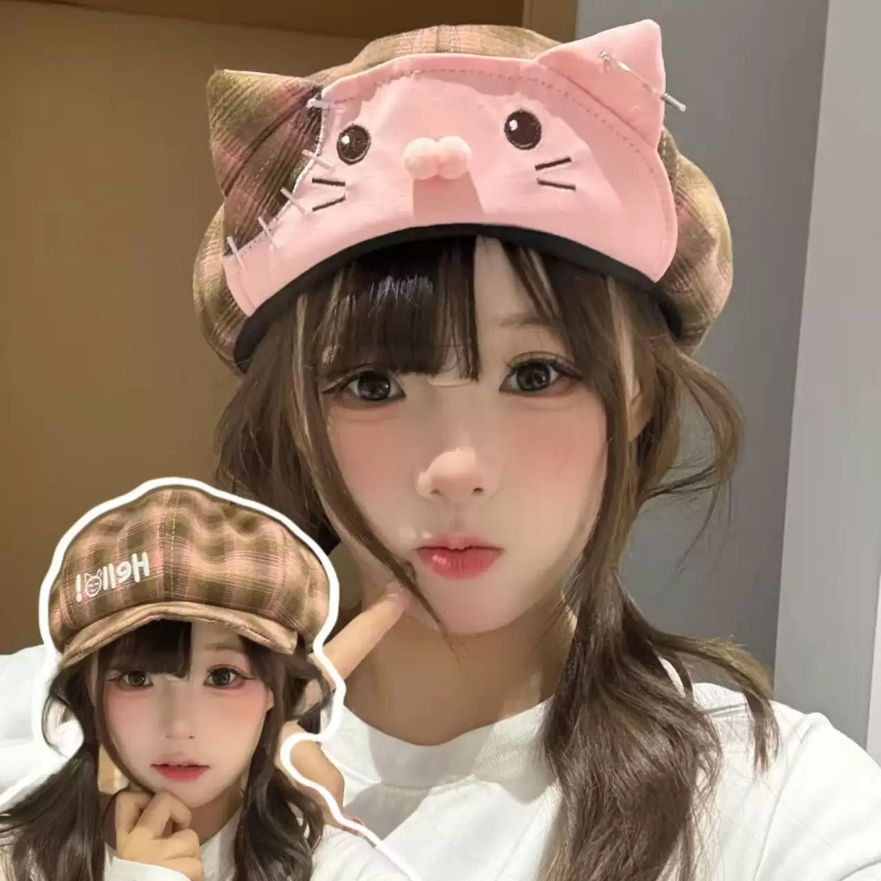 新作自制翻檐两种戴法别针猫耳贝雷帽乖甜女秋冬小猫格纹画家帽子