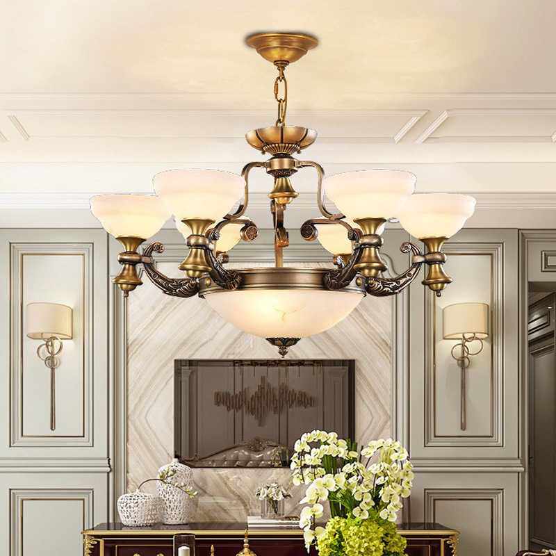 美式全铜欧式客厅吊灯客厅灯具简欧仿云石餐厅书房自建大别墅灯饰