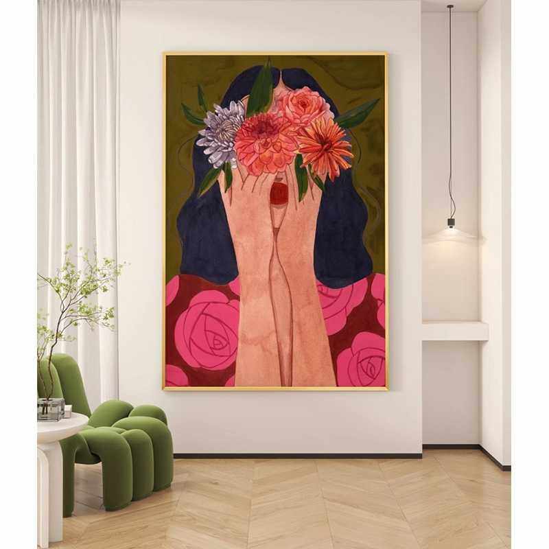现代简约玄关装饰画花季少女客厅沙发背景墙壁画卧室床头竖版挂画