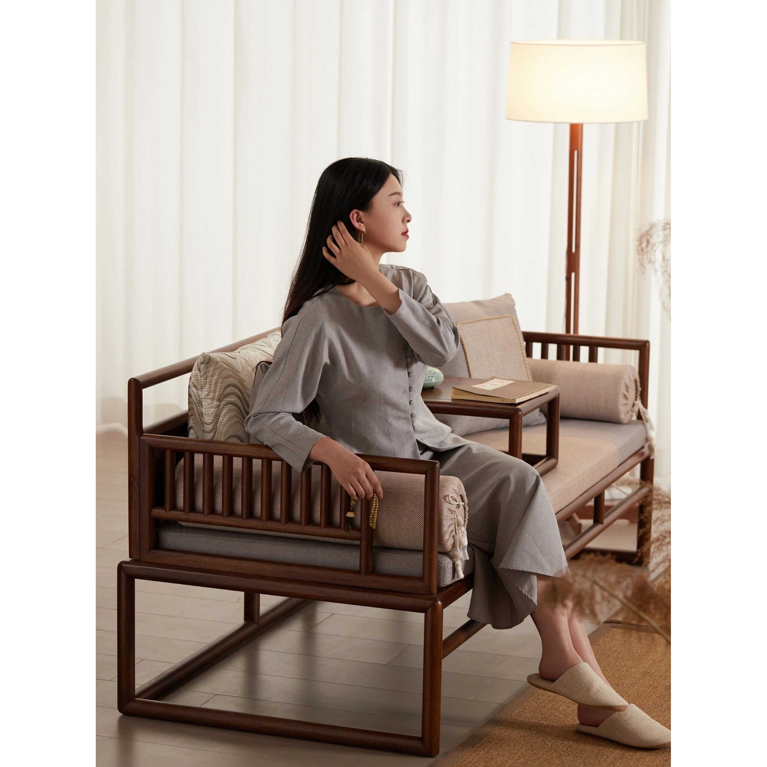 新中式罗汉床实木乌金木沙发床榻茶桌椅组合老榆木推拉床客厅家具