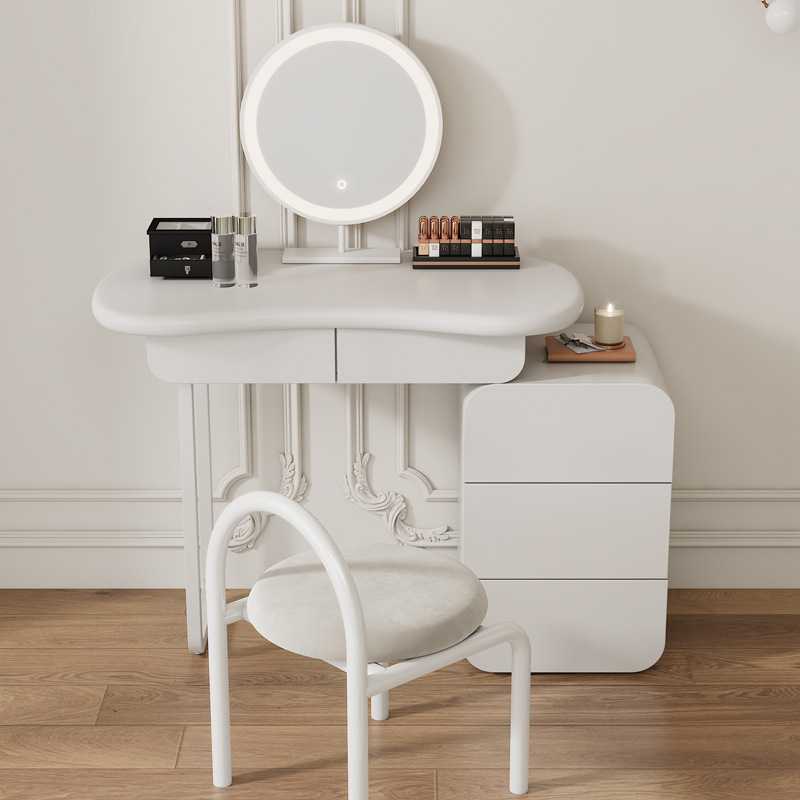 奶油风小户型梳妆台收纳柜一体法式云朵白色烤漆梳妆桌现代简约