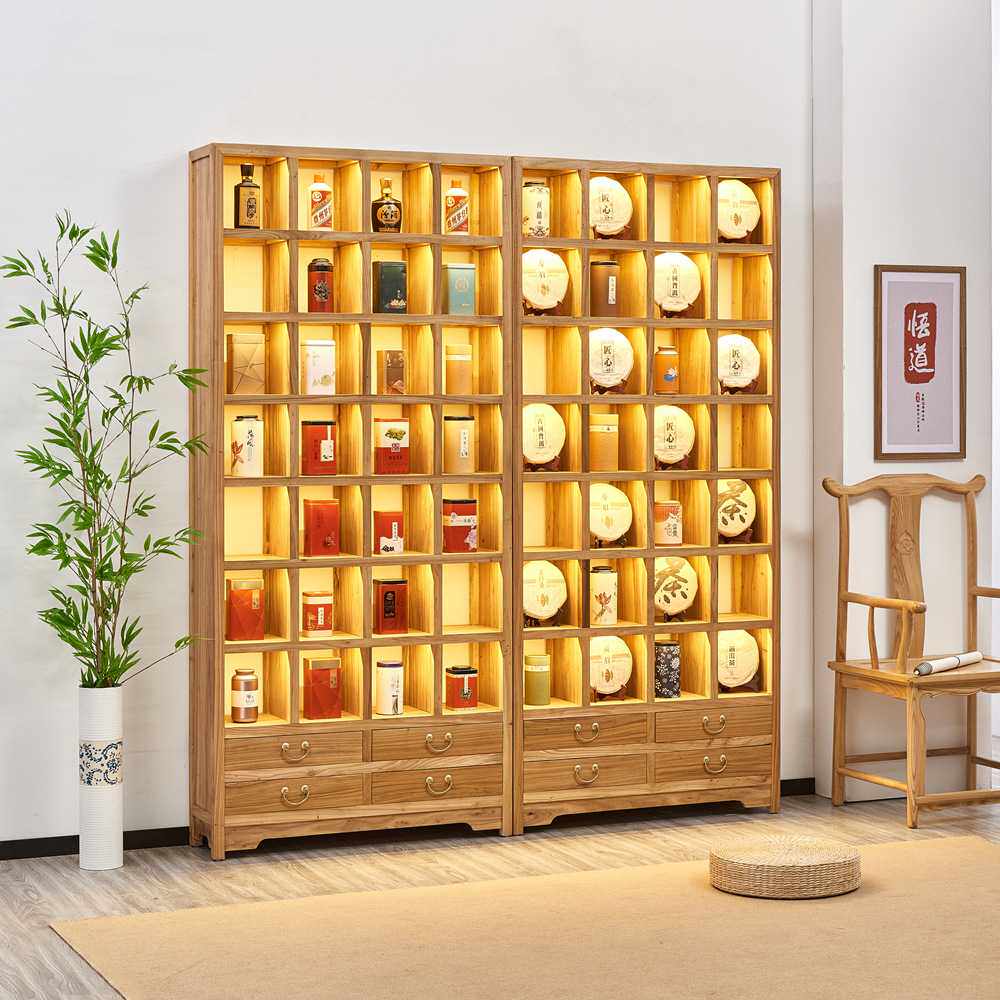 实木中式博古架展示柜茶室布置家具带灯茶具架置物架格子架茶壶架