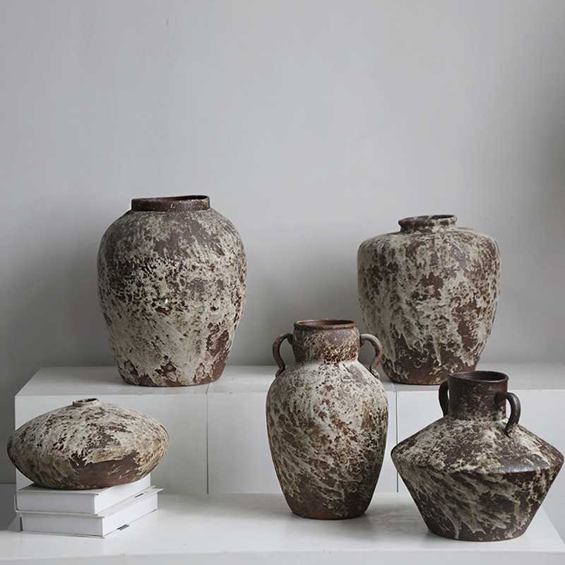 复古花瓶粗陶侘寂风赤贫民宿陶罐新中式陶瓷插干花禅意家居摆件