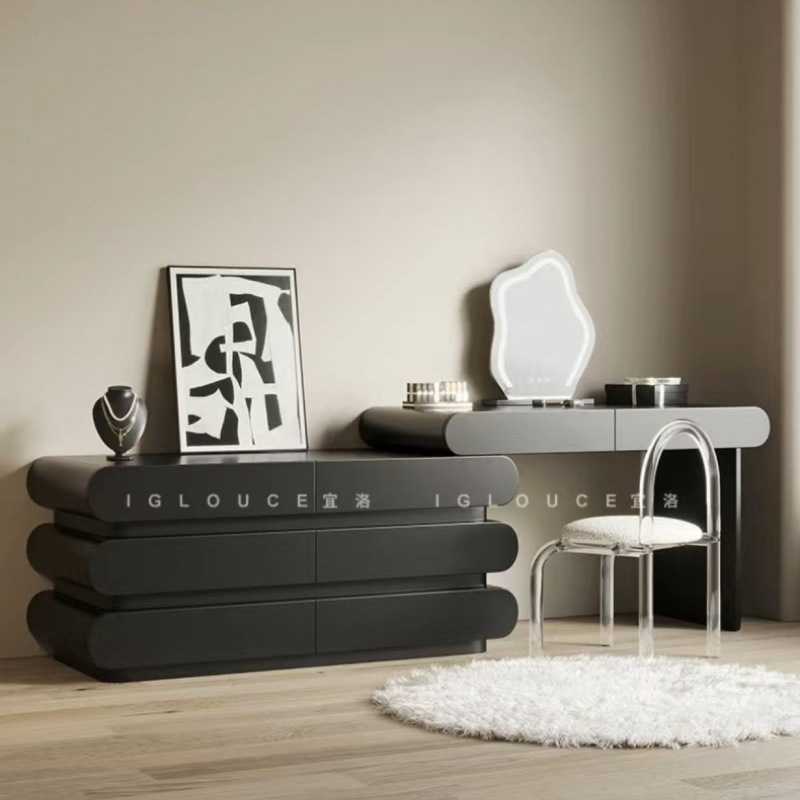 现代简约黑色梳妆台化妆桌斗柜一体家用全实木大小户型卧室高级桌