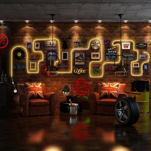 高分子0385大款美式照片墙LED灯带复古相框组合工业风发光装饰画