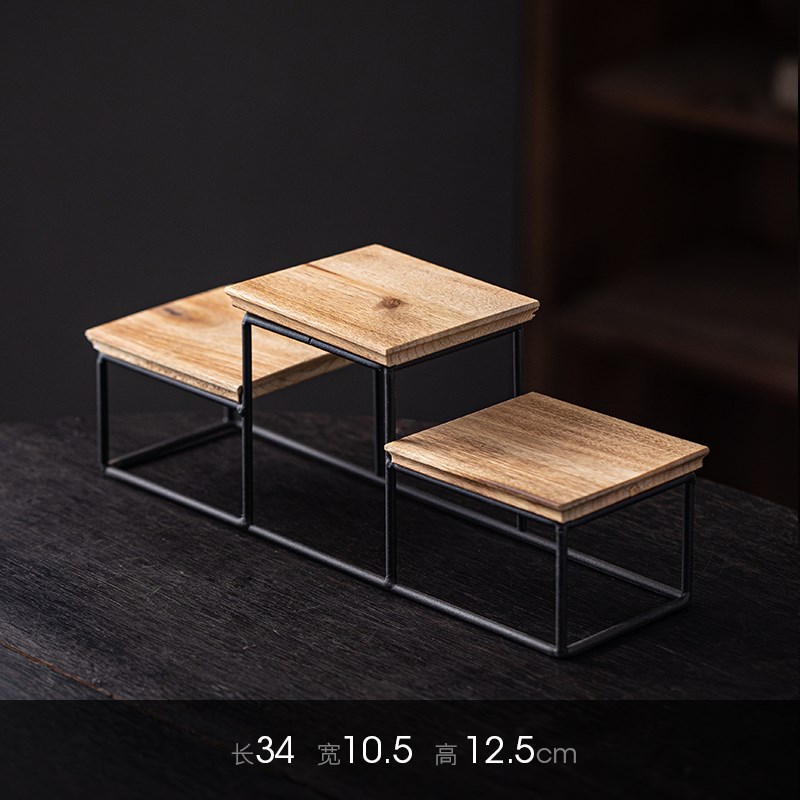 实木小号博古架子迷你桌面置物架茶几摆件底座铁艺工艺Y品方格子