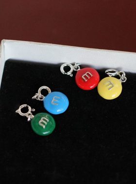 925银珐琅彩字母M豆豆圆形吊坠加大精工版实心仅吊坠侧坠颈链配件