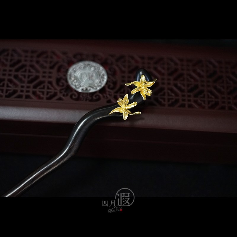 发簪女2024i新款鸢尾花黑檀木发簪小清新气质高级实木盘发挽发簪