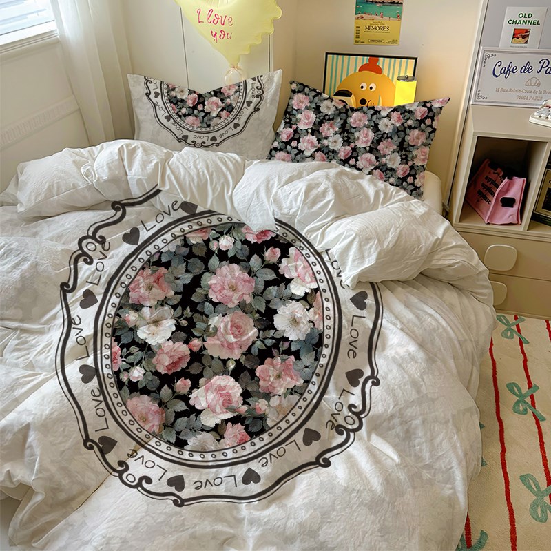 南法花园小清新玫瑰n床品水洗棉三四件套轻奢宿舍床上被套床单碎