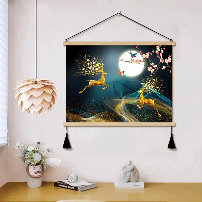 轻奢玄关麋鹿几何现代装饰画走廊挂画布艺免打孔壁画挂布背景布图片