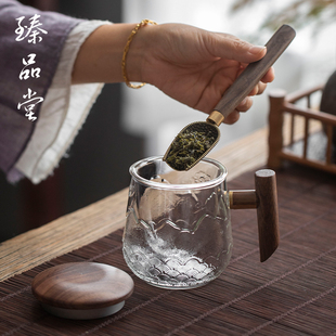 茶杯玻璃茶水分离泡茶杯办公家用大容量带把过滤木把水杯 臻品堂