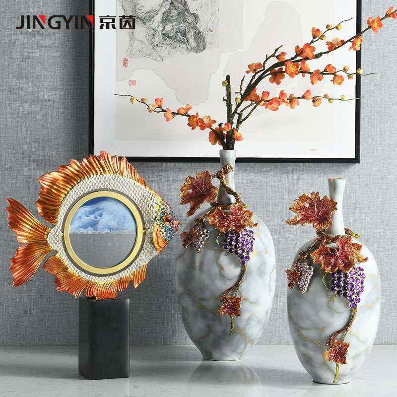 鱼摆件流沙画高级感客厅电视柜装饰创意工艺品入户玄关陶瓷花瓶图片