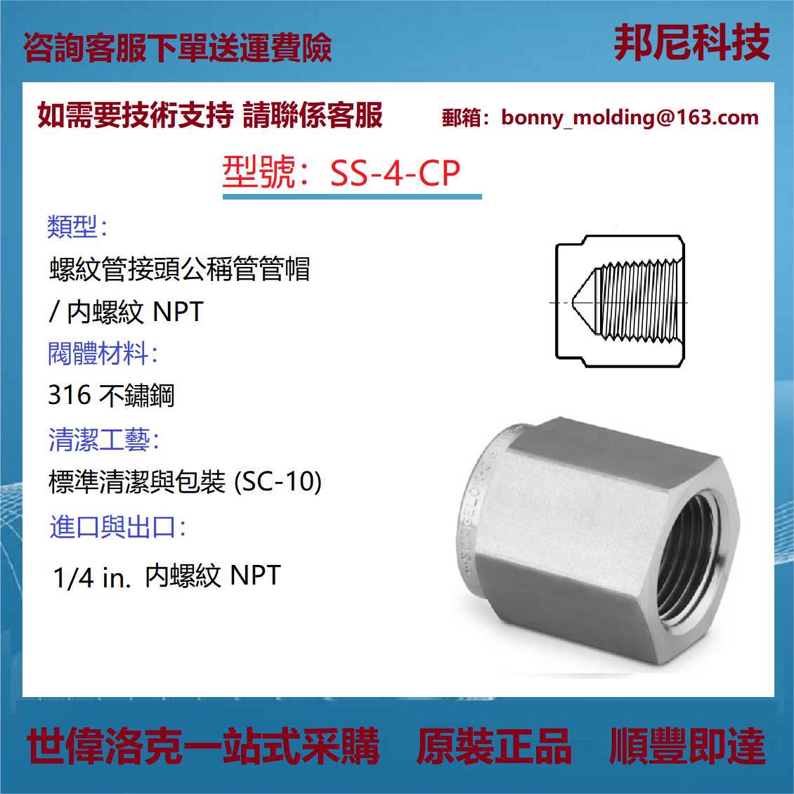 SS-4-CP世伟洛克不锈钢公称管接头，公称管管帽1/4in. 内螺纹 NPT