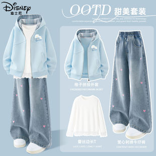 迪士尼童装儿童春秋款卫衣牛仔裤套装2026新款女童连帽外套春装潮