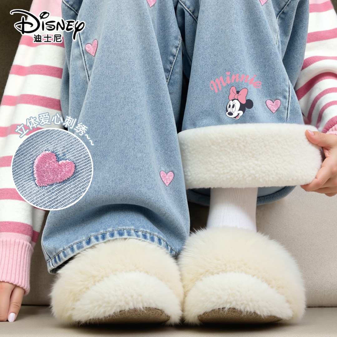 迪士尼童装女童加绒牛仔裤2025新款直筒阔腿裤洋气儿童冬装裤子潮