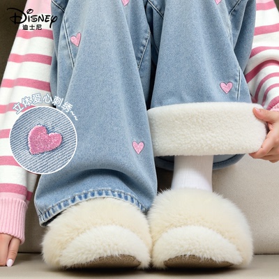 迪士尼童装女童加绒牛仔裤2026秋冬新款洋气女孩阔腿长裤儿童裤子