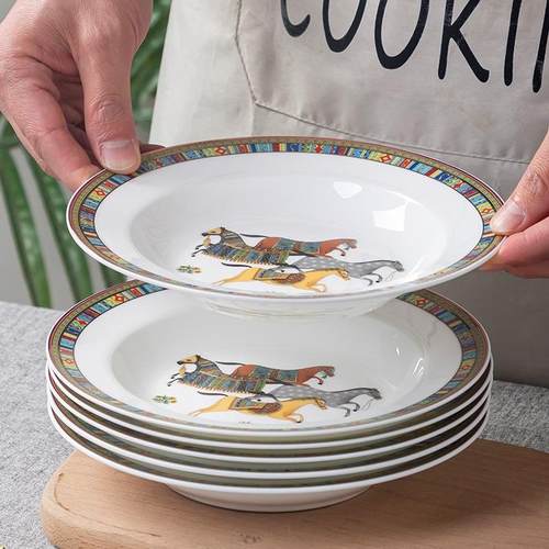 盘子菜盘家用陶瓷餐具深盘套装8英寸6个装骨瓷感炒菜饭盘汤盘