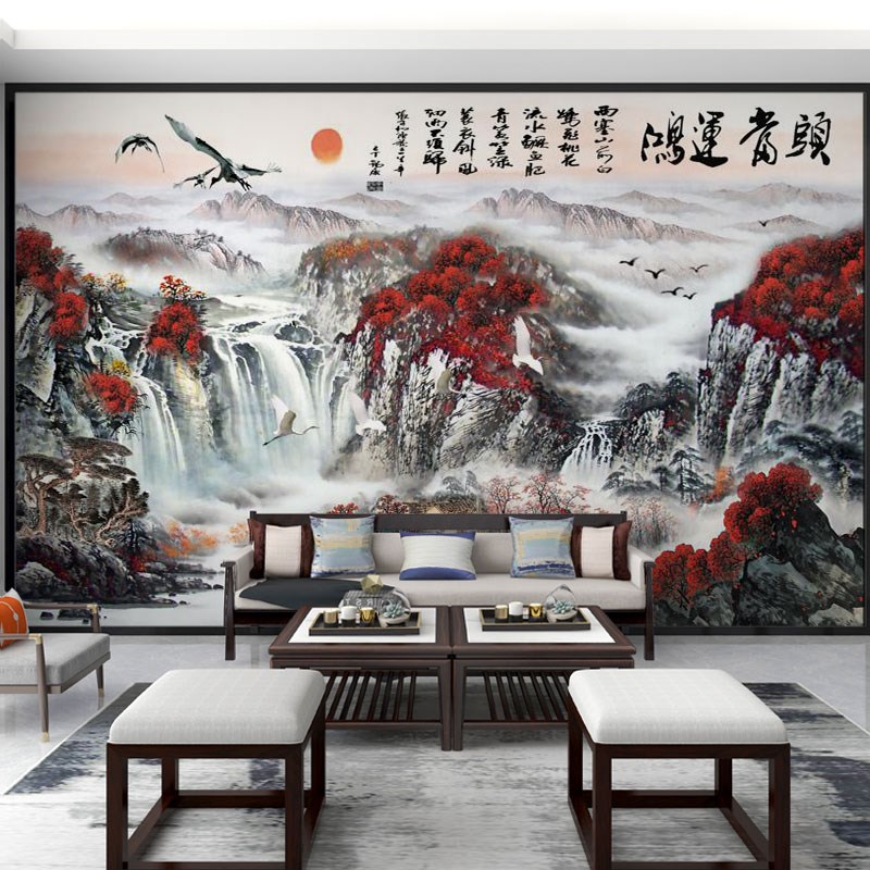 壁画定制3d立体中式鸿运当头山水电视背J景墙壁纸客厅墙纸装饰墙