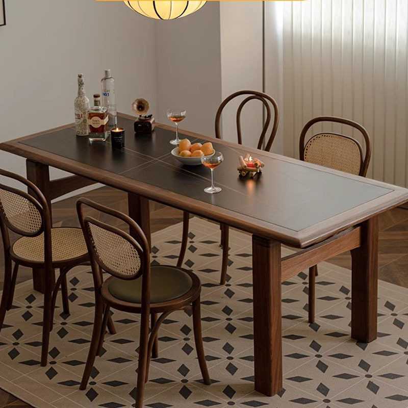 黑胡桃木岩板桌实木餐桌家用北欧原木长桌长方形饭桌樱桃木大板桌