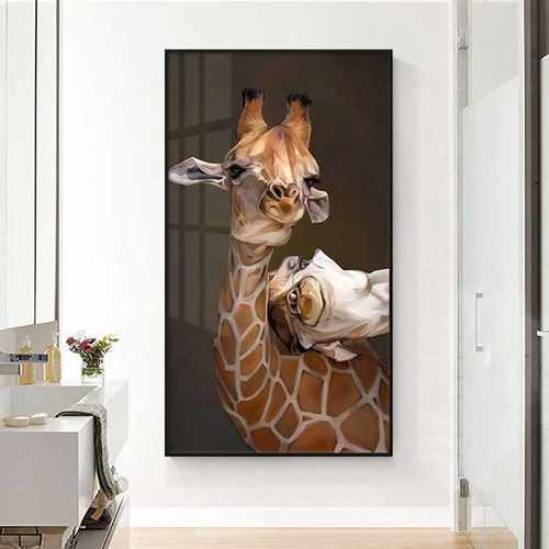 现代简约玄关竖版装饰画长颈鹿温馨动物壁画走廊过道卧室餐厅挂画