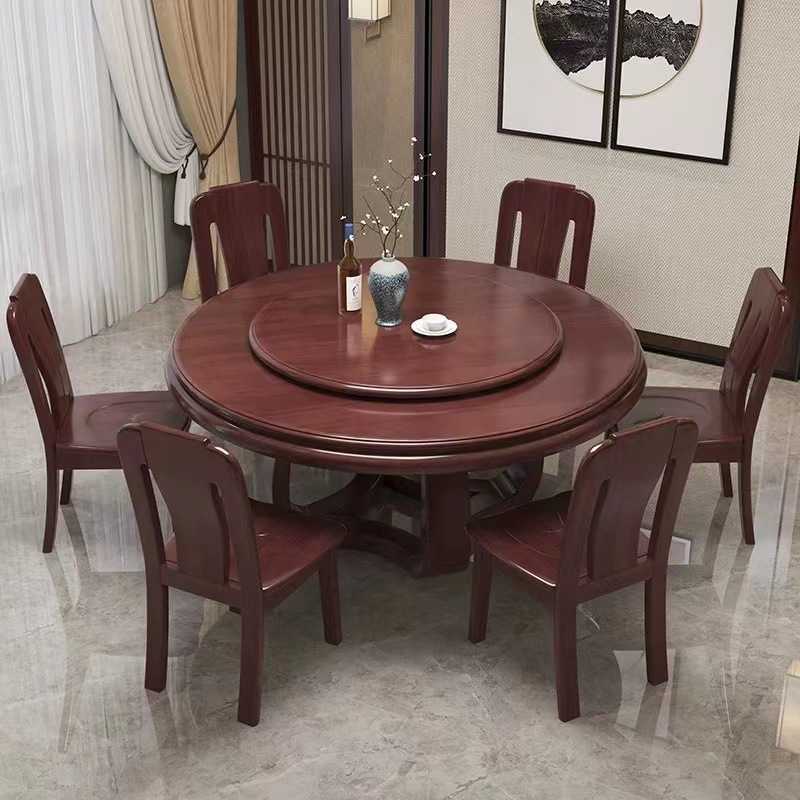 全实木圆形餐桌带转盘1.8米大圆桌1.5米10人中式家用圆餐桌椅组合
