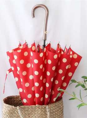 2V06晴雨两用伞复古风红色波点圆点木质弯柄长柄伞直杆伞学生