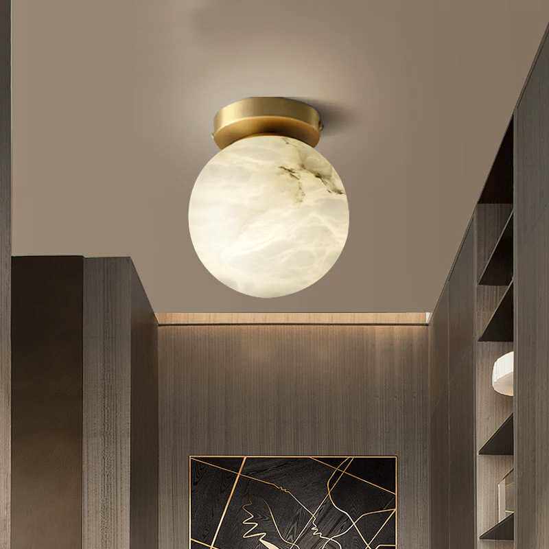 新中式吸顶灯过道阳台灯玄关走廊云石灯简约现代灯饰圆形全铜灯具