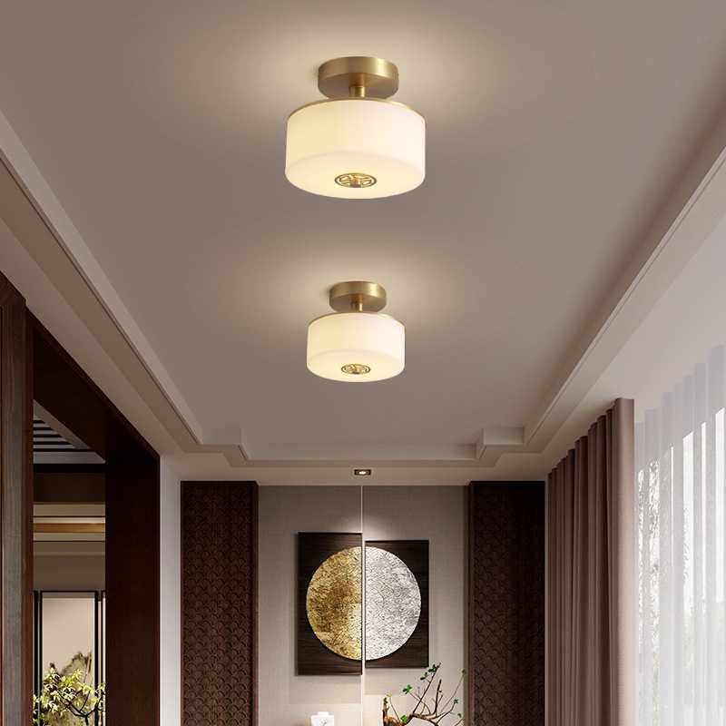 新中式吸顶灯过道阳台灯玄关走廊云石灯简约现代灯饰圆形全铜灯具