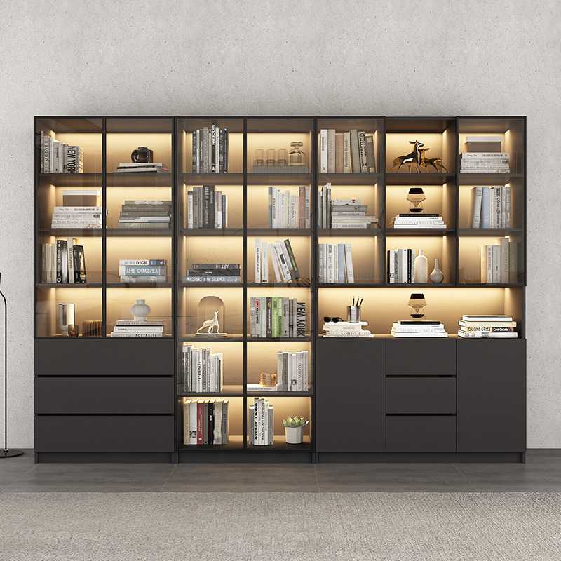 实木书柜一体组合书架轻奢玻璃门客厅落地整墙书橱简约现代展示柜