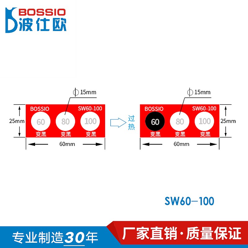 波仕欧SW60-100变色示温片测温贴片温度贴纸感温胶贴热敏试纸防水