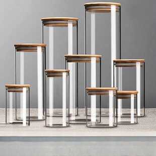 高硼硅玻璃竹盖圆形防潮罐厨房收纳透明储物罐简约家用密封储物罐